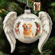 Art Design,Christmas,Custom Photo,First Christmas,Memorial,Pet Lovers,Pet Memorial,Photo - Watercolor - Remove BG,Sympathetic,Top Market-Memorial Sympathy Gift For Pet Lovers - Personalized Custom Photo Watercolor First Christmas Without You Angel Wings Glass Ornament