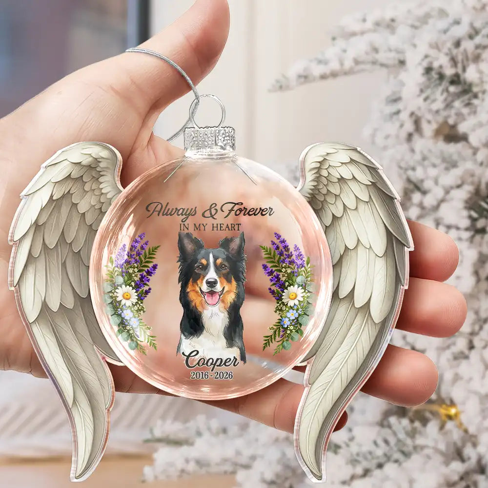 Art Design,Christmas,Custom Photo,First Christmas,Memorial,Pet Lovers,Pet Memorial,Photo - Watercolor - Remove BG,Sympathetic,Top Market-Memorial Sympathy Gift For Pet Lovers - Personalized Custom Photo Watercolor First Christmas Without You Angel Wings Glass Ornament