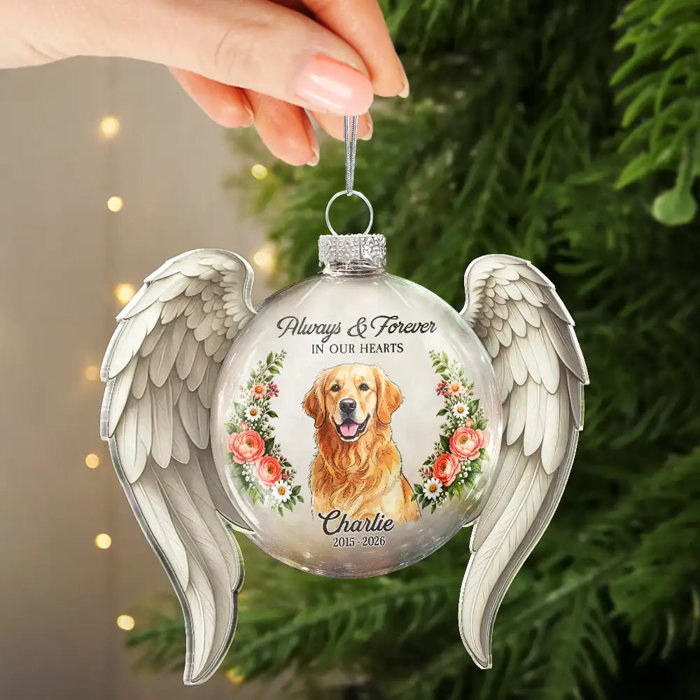 Art Design,Christmas,Custom Photo,First Christmas,Memorial,Pet Lovers,Pet Memorial,Photo - Watercolor - Remove BG,Sympathetic,Top Market-Memorial Sympathy Gift For Pet Lovers - Personalized Custom Photo Watercolor First Christmas Without You Angel Wings Glass Ornament