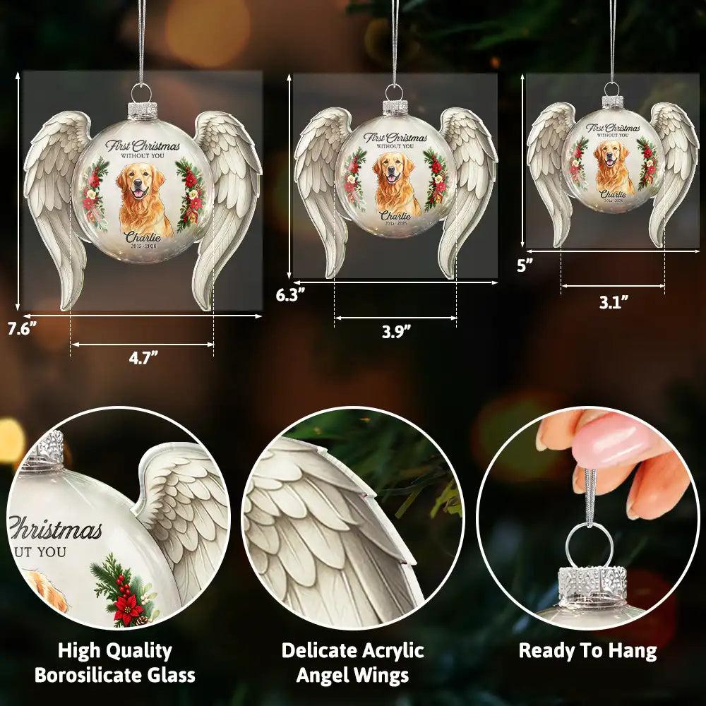 Art Design,Christmas,Custom Photo,First Christmas,Memorial,Pet Lovers,Pet Memorial,Photo - Watercolor - Remove BG,Sympathetic,Top Market-Memorial Sympathy Gift For Pet Lovers - Personalized Custom Photo Watercolor First Christmas Without You Angel Wings Glass Ornament