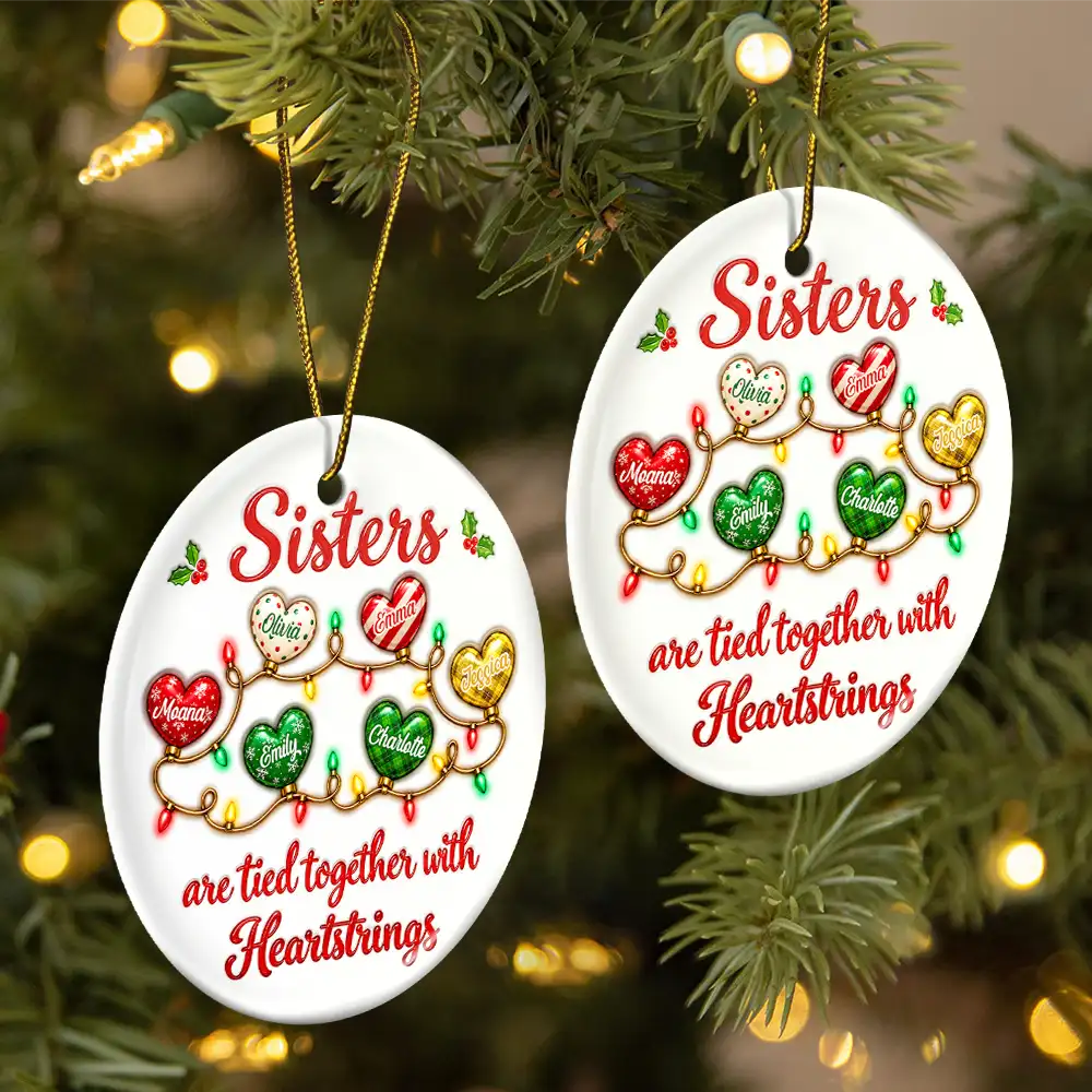 Afro Besties,Christmas,Gift For Bestie,Icon,Sentimental,Top Market - Christmas Gift For Best Friends - Personalized Names Friends Are Tied Together With Heartstrings Circle Ceramic Ornament
