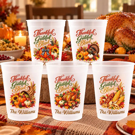 Thanksgiving Party Cups For Family Gathering - Personalized Thankful Grateful Blessed Turkey Pumpkin Frosted Cups