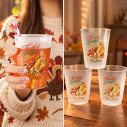Family,Happy,Icon,Thanksgiving,Top Market - Thanksgiving Party Cups For Family Gathering - Personalized Thankful Grateful Blessed Turkey Pumpkin Frosted Cups