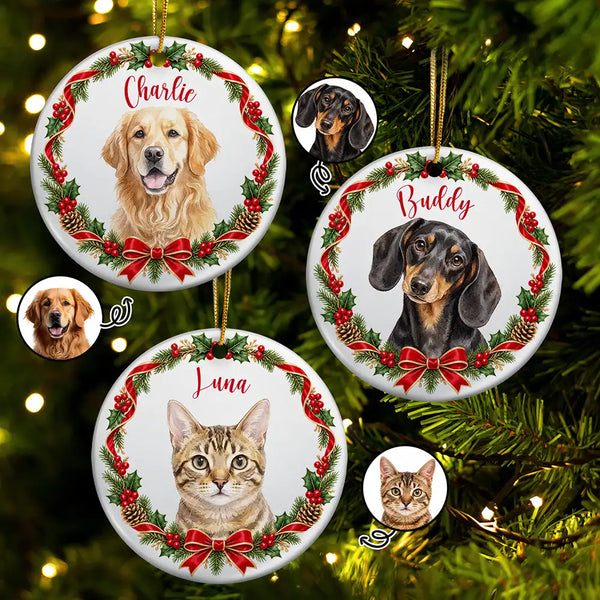 Art Design,Christmas,Custom Photo,Pet Lovers,Photo - Watercolor - Remove BG,Playful - Christmas Gift For Pet Lover - Personalized Custom Photo Watercolor Christmas Wreath With Pet And Name Circle Ceramic Ornament