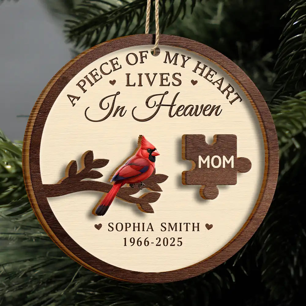Memorial,Christmas,Family,Sad,Gift For Grandparents - A Piece Of My Heart Lives In Heaven - Personalized 2-Layered Wooden Ornament