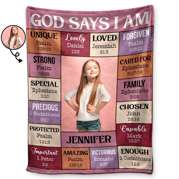 Custom Photo God Says I Am - Gift For Kids, Grandkids - Personalized Fleece Blanket, Sherpa Blanket