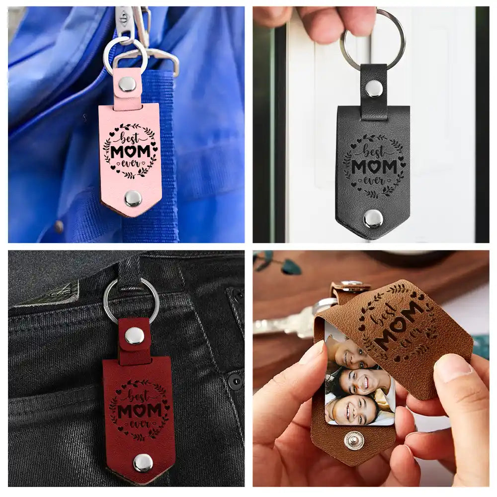 Custom Photo We Love You To The Moon And Back - Gift For Mom - Personalized Leather Photo Keychain