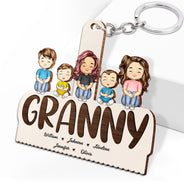 Grandma Mom Grandkids Kids Sitting - Gift For Mother, Grandmother - Personalized Cutout Wooden Keychain