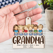 Grandma Mom Grandkids Kids Sitting - Gift For Mother, Grandmother - Personalized Cutout Wooden Keychain
