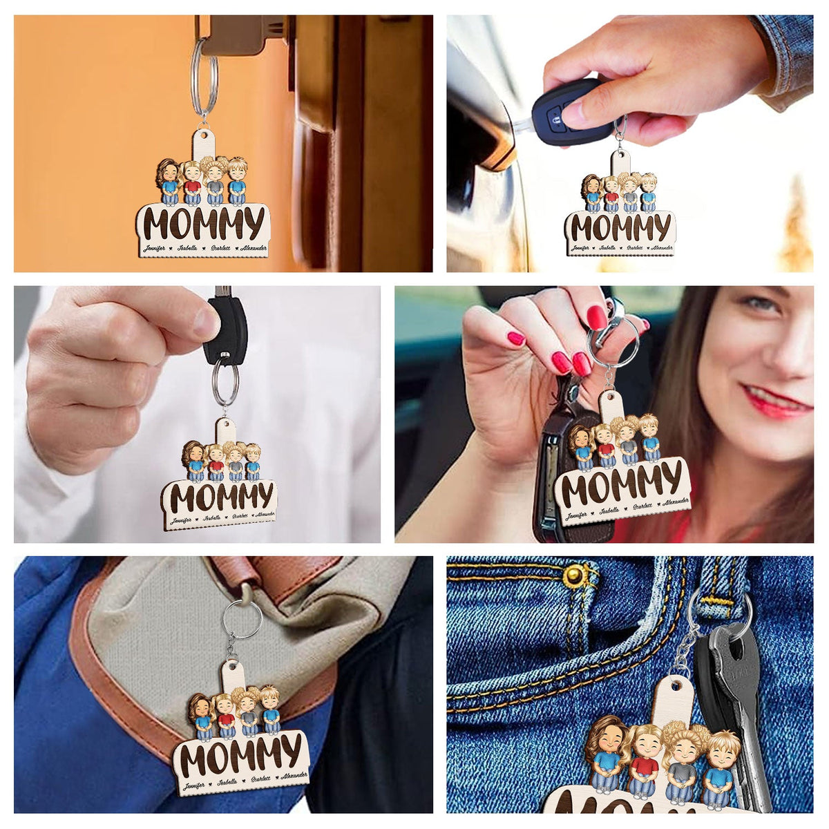 Grandma Mom Grandkids Kids Sitting - Gift For Mother, Grandmother - Personalized Cutout Wooden Keychain
