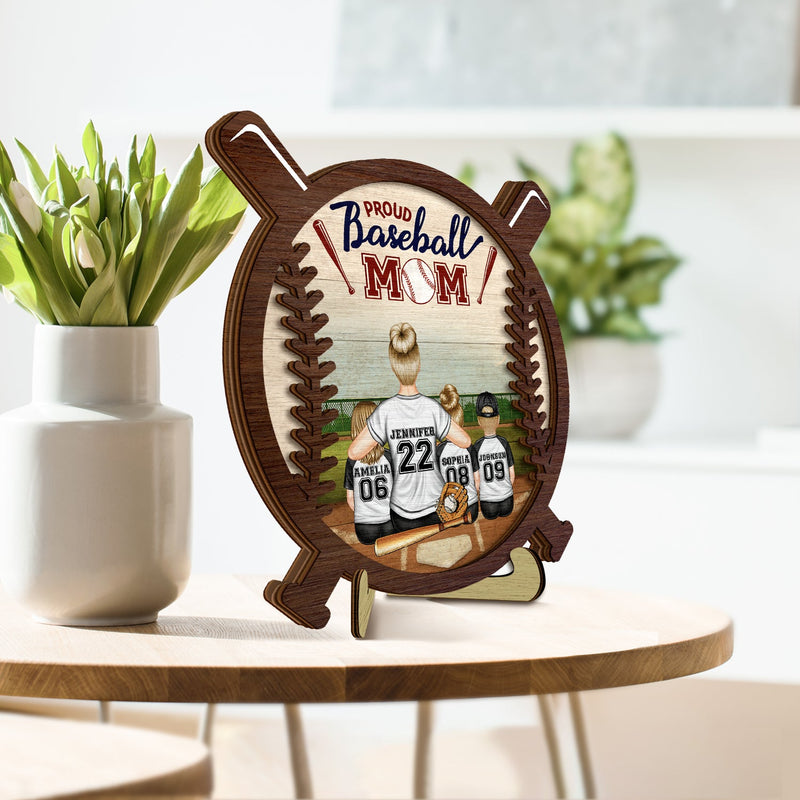Proud Baseball Mom - Gift For Baseball Mother - Personalized 2-Layered Wooden Plaque With Stand