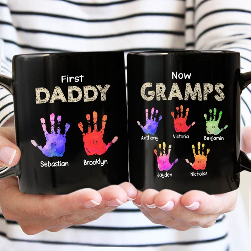 First Dad Now Grandpa Handprints - Personalized Black Mug