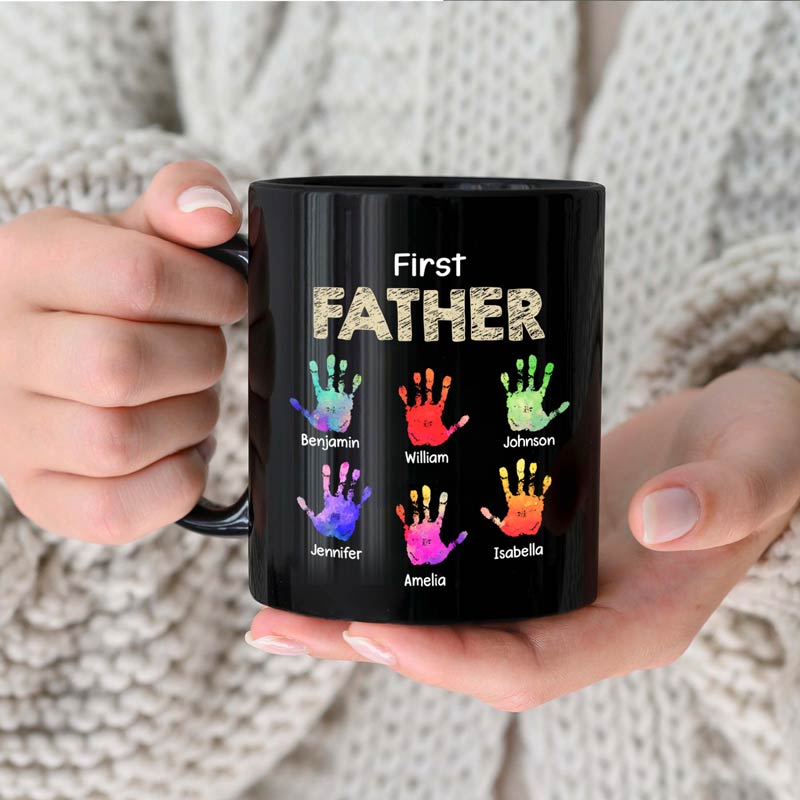 First Dad Now Grandpa Handprints - Personalized Black Mug
