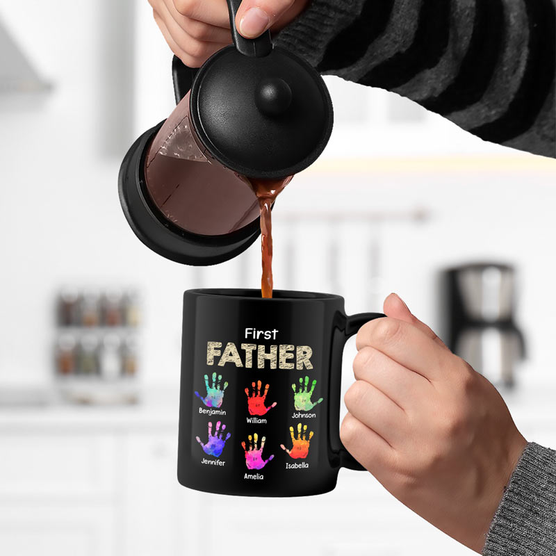 First Dad Now Grandpa Handprints - Personalized Black Mug
