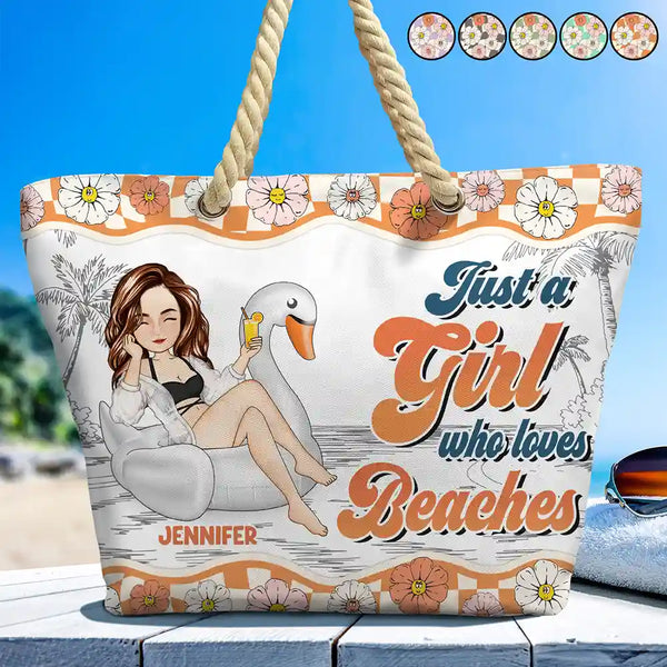 Flamingo Float Just A Girl Who Loves Beach - Personalized Beach Bag