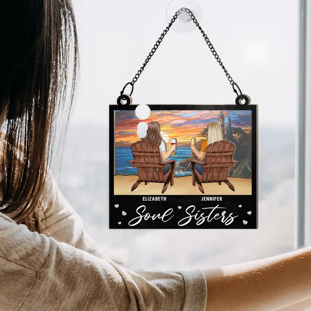 Sunset Besties Sisters Sitting Together - Personalized Window Hanging Suncatcher Ornament