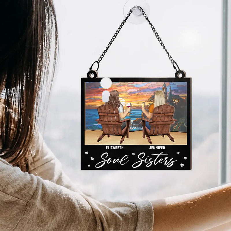 Sunset Besties Sisters Sitting Together - Personalized Window Hanging Suncatcher Ornament