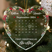 Christmas,Gift For Couples,Happy,Gift For Husband,Gift For Wife,Gift For Boyfriend - Christmas Calendar First Christmas Couple - Personalized Heart Shaped Glass Ornament
