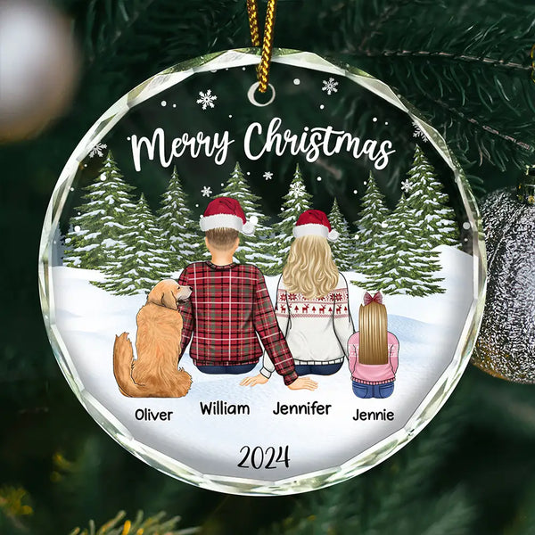 Family, Pet Couple, Pet Lovers, Gift For Couples - Merry Christmas Family Name Backside - Personalized Circle Glass Ornament