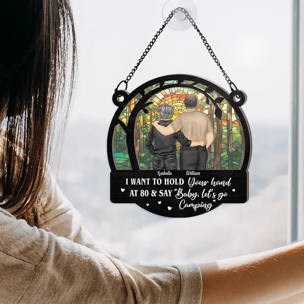 Gift For Couples, Old Couples, Gift For Husband, Gift For Wife, Gift For Boyfriend, Gift For Girlfriend - Couple Hold Your Hand At 80 - Personalized Window Hanging Suncatcher Ornament