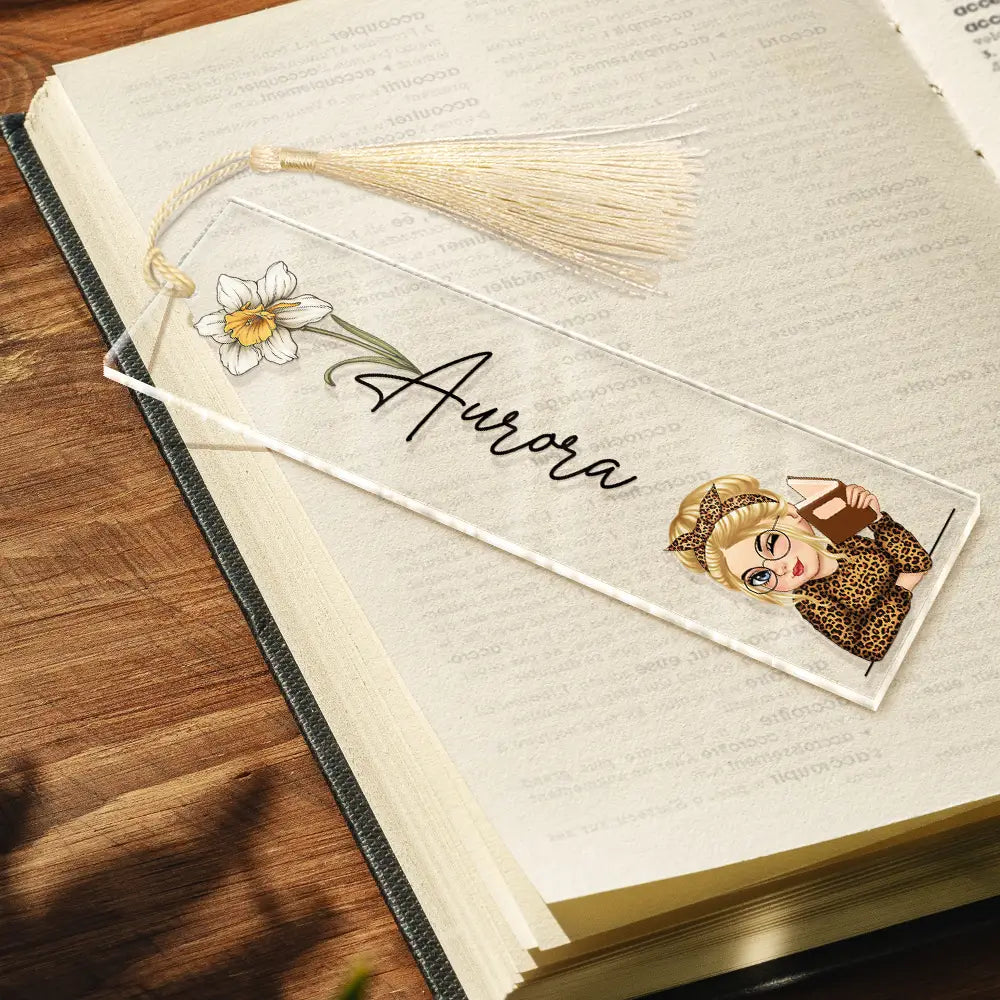 Reading,Gift For Yourself,Gift For Women,Happy - Birth Month Flower Reading Girl - Personalized Acrylic Bookmark