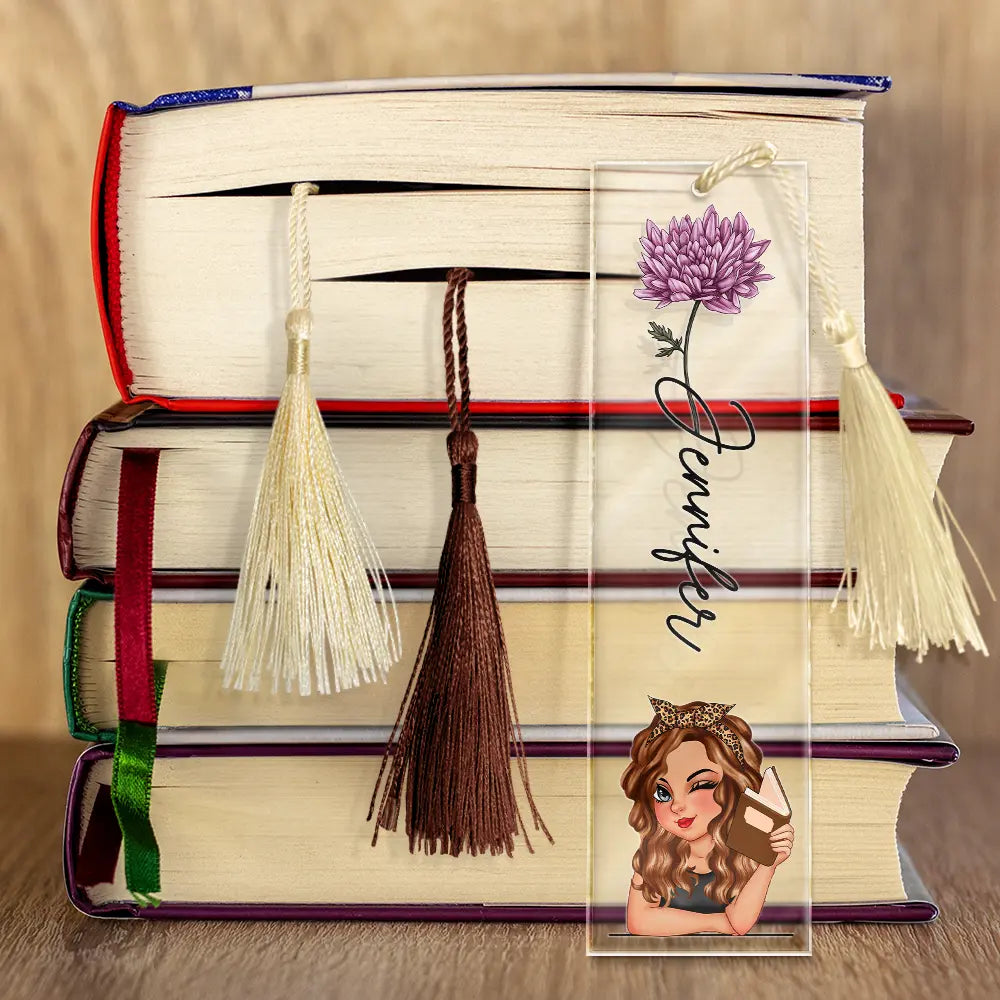 Reading,Gift For Yourself,Gift For Women,Happy - Birth Month Flower Reading Girl - Personalized Acrylic Bookmark