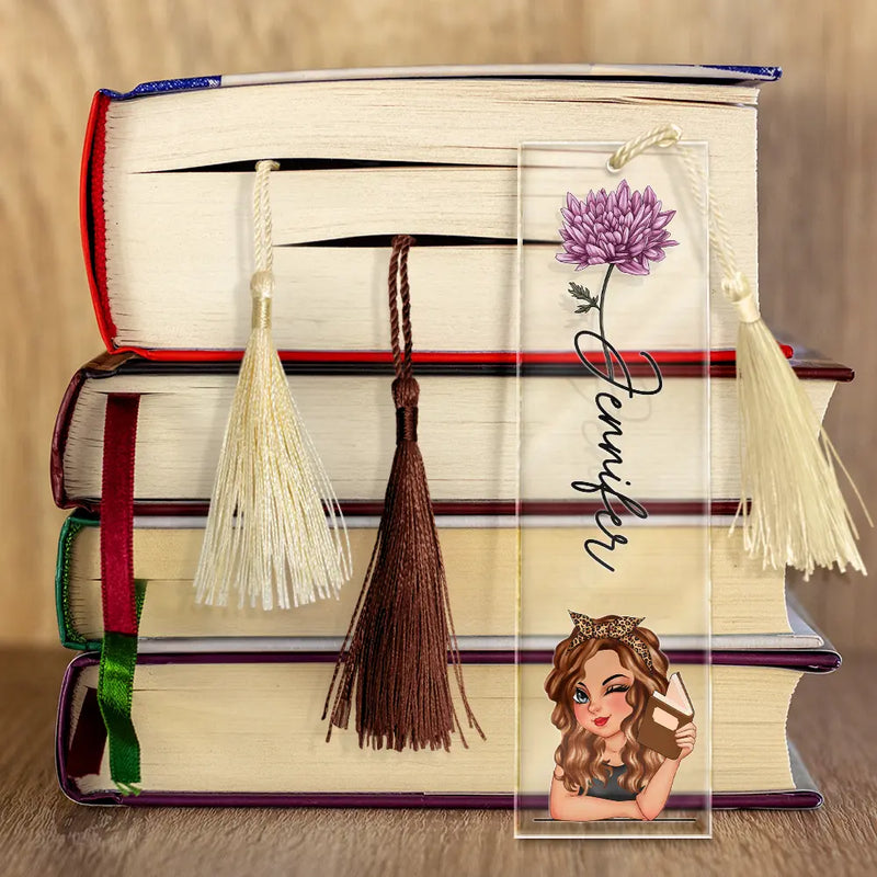 Reading,Gift For Yourself,Gift For Women,Happy - Birth Month Flower Reading Girl - Personalized Acrylic Bookmark