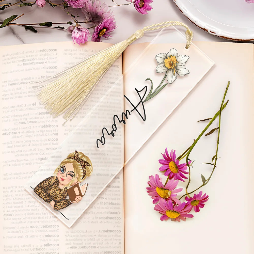 Reading,Gift For Yourself,Gift For Women,Happy - Birth Month Flower Reading Girl - Personalized Acrylic Bookmark