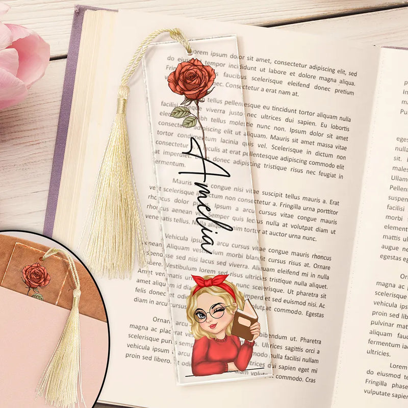 Reading,Gift For Yourself,Gift For Women,Happy - Birth Month Flower Reading Girl - Personalized Acrylic Bookmark
