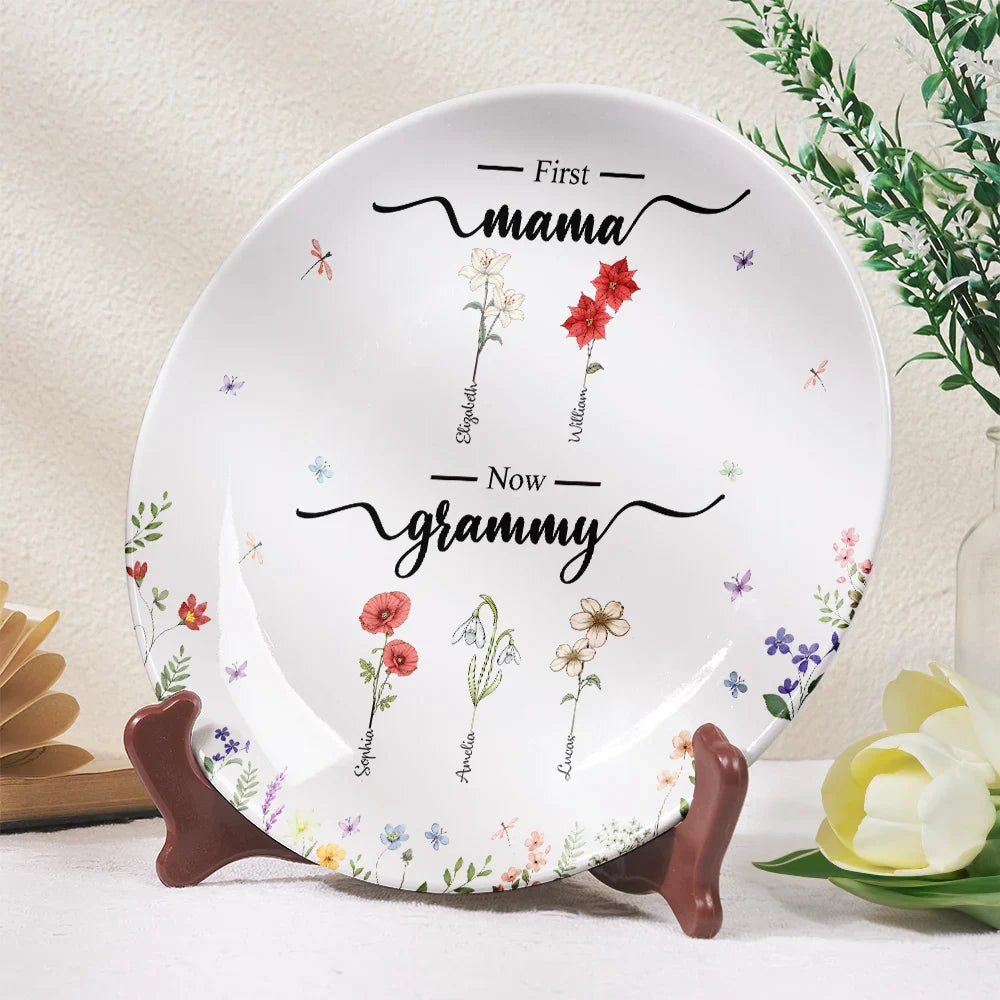 Gift For Grandma, Grandma , Grandkids - First Mom Now Grandma Flower - Personalized Ceramic Plate

