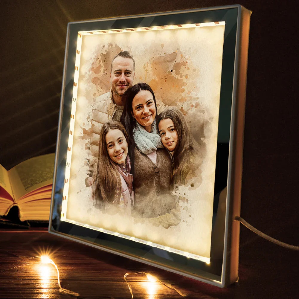 Custom Photo,Gift For Mother,Gift For Grandma,Happy,Art Design - Custom Photo Watercolor Portrait Mom Grandma Family Couple - Personalized LED Mirror Frame Lamp