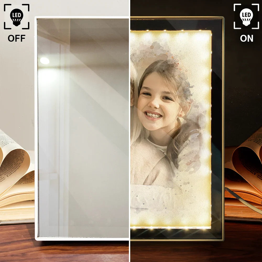 Custom Photo,Gift For Mother,Gift For Grandma,Happy,Art Design - Custom Photo Watercolor Portrait Mom Grandma Family Couple - Personalized LED Mirror Frame Lamp