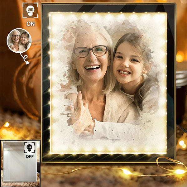 Custom Photo,Gift For Mother,Gift For Grandma,Happy,Art Design - Custom Photo Watercolor Portrait Mom Grandma Family Couple - Personalized LED Mirror Frame Lamp