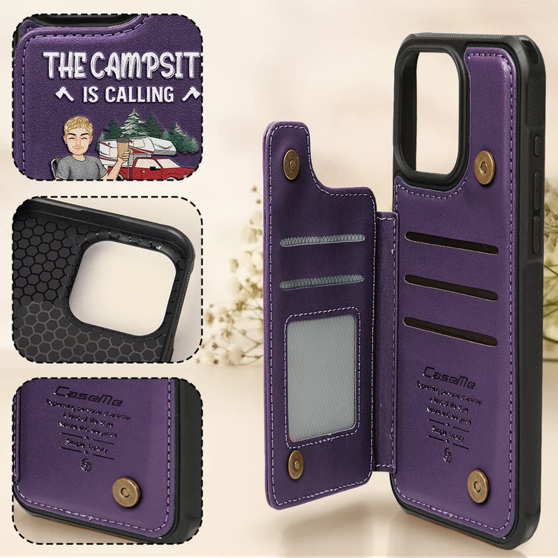 Gift For Yourself, Camping - The Campsite Is Calling - Personalized Leather Flip Wallet Phone Case