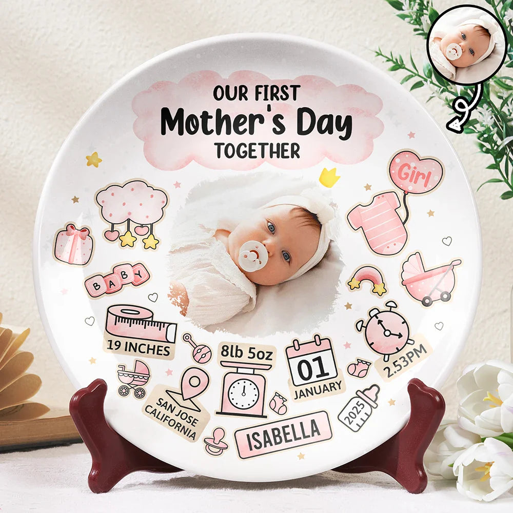 Custom Photo Our First Mother's Day Information Icon - Personalized Ceramic Plate