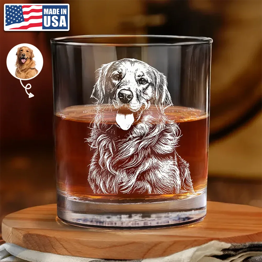 Custom Photo Pencil Drawing Dog Cat Portrait - Personalized Engraved Whiskey Glass