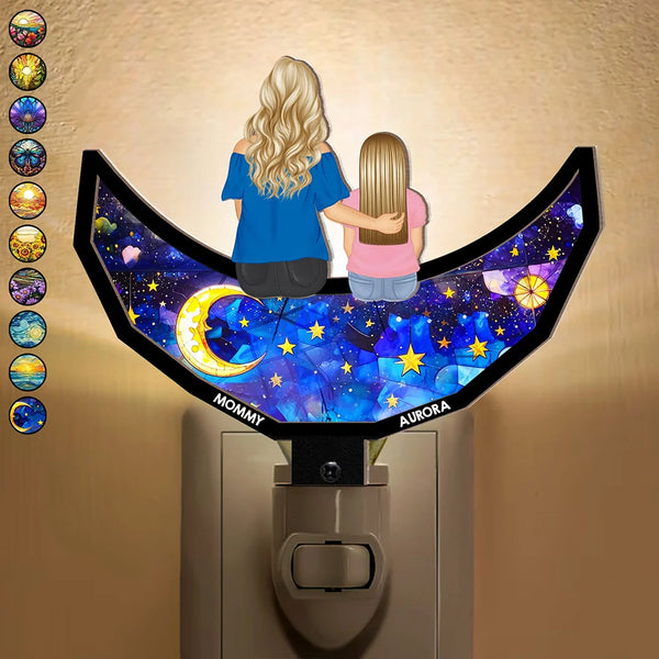 Gift For Women,Gift For Mother,Gift For Grandma,Gift For Daughter,Gift For Son,Gift For Sisters,Gift For Sibling,Daughters,Children,Mom,Sons,Grandma,Grandkids - Grandma Mom And Children Sitting On The Moon - Personalized Plug-in Night Light