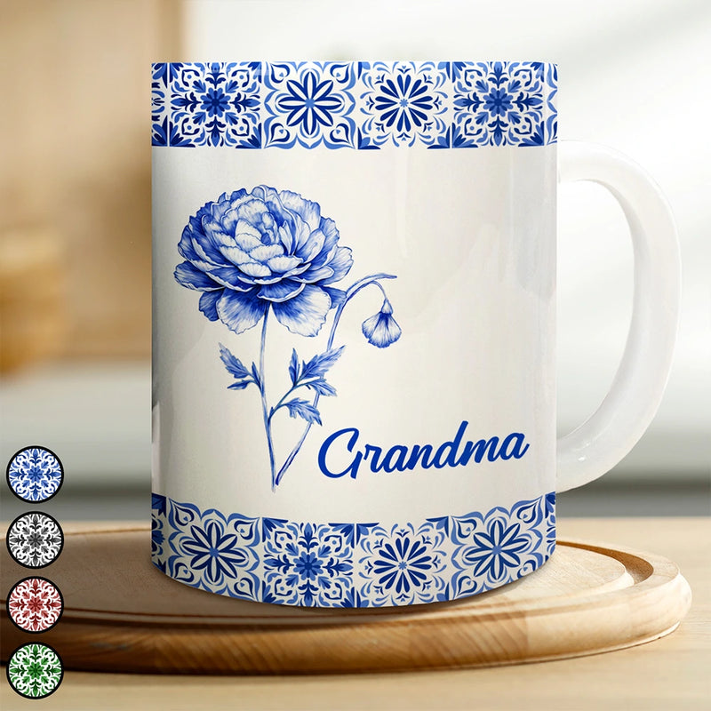 Gift For Wife,Gift For Girlfriend,Gift For Yourself,Gift For Women,Gift For Mother,Gift For Grandma,Love - Mediterranean Pattern With Birth Month Flower - Personalized White Edge-to-Edge Mug