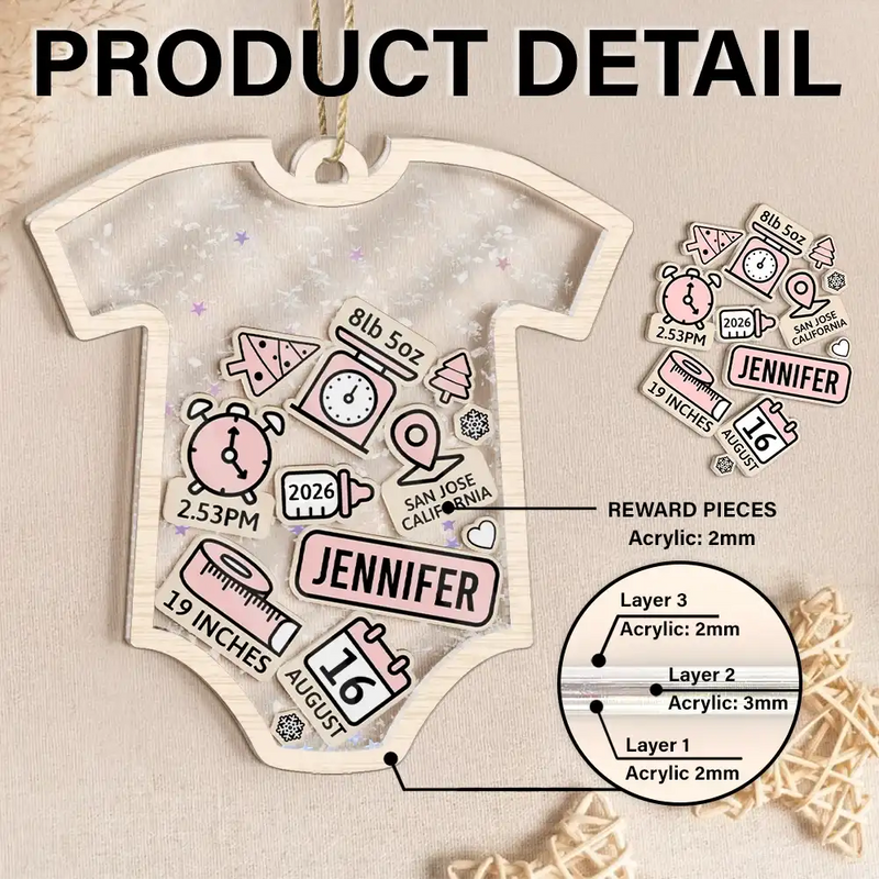 Christmas,New Dad,New baby,New Mom,Happy,Custom Photo - Baby Onise Baby Information - Personalized 3-Layered Acrylic Shaker Ornament