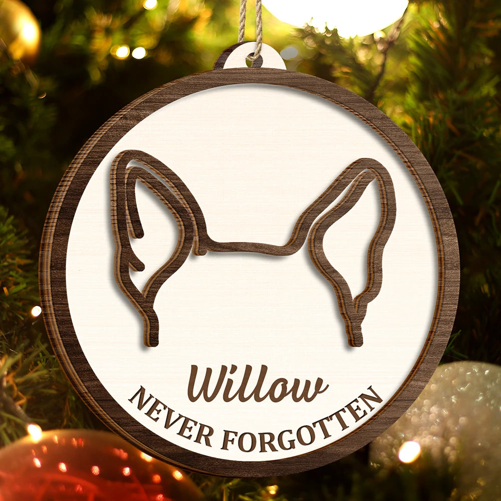 Memorial,Dog Lovers,Dog Mom,Dog Dad,Sad - Dog Ear Pet Loss Memorial Never Forgotten - Personalized 2-Layered Wooden Ornament