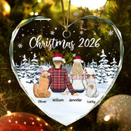 Couple & Pets Christmas - Personalized Heart Shaped Glass Ornament