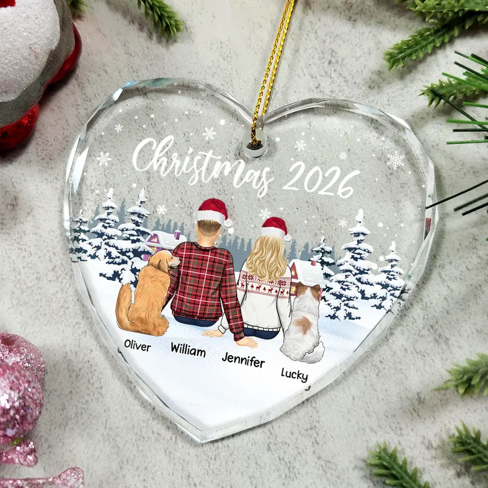 Couple & Pets Christmas - Personalized Heart Shaped Glass Ornament