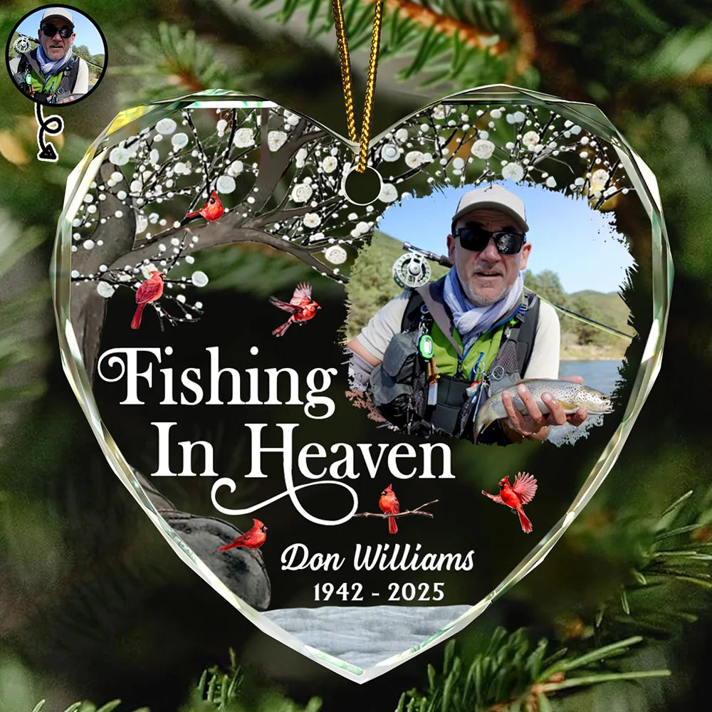Custom Photo Fishing In Heaven Memorial - Personalized Heart Shaped Glass Ornament