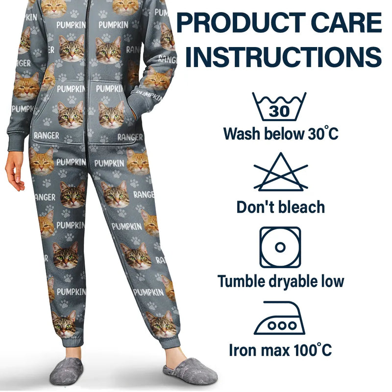 Cat Lovers,Pet Lovers,Dog Lovers,Dog Mom,Dog Dad,Cat Mom,Cat Dad,Happy - Custom Photo Funny Pet Face Pattern Dog Cat Family - Personalized Overall Onesie Hooded Jumpsuit
