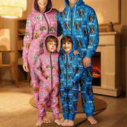 Cat Lovers,Pet Lovers,Dog Lovers,Dog Mom,Dog Dad,Cat Mom,Cat Dad,Happy - Custom Photo Funny Pet Face Pattern Dog Cat Family - Personalized Overall Onesie Hooded Jumpsuit