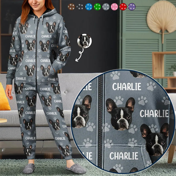 Cat Lovers,Pet Lovers,Dog Lovers,Dog Mom,Dog Dad,Cat Mom,Cat Dad,Happy - Custom Photo Funny Pet Face Pattern Dog Cat Family - Personalized Overall Onesie Hooded Jumpsuit