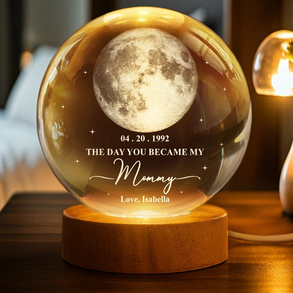 Gift For Father,Gift For Mother,Gift For Grandma,Gift For Grandpa,Love,Custom Photo - Moon Phase The Day You Became My Mommy Daddy - Personalized Crystal Globe Lamp