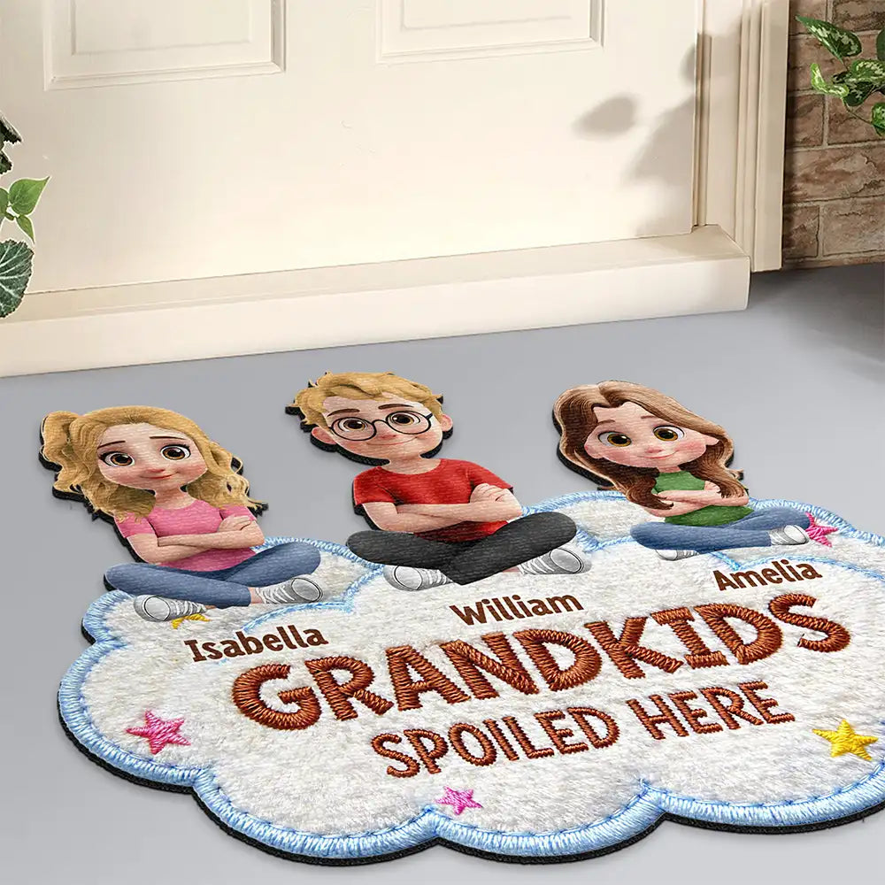 Gift For Grandma,Gift For Grandpa,Grandpa - Grandkids,Grandma - Grandkids,Gift For Women,Gift For Men,Happy,Top Market - Faux Embroidery Effect Spoiled Grandkids Live Here - Personalized Custom Shaped Doormat