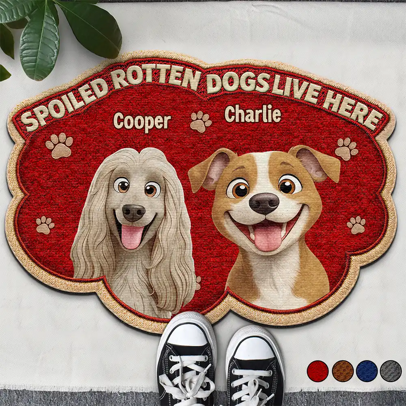 Pet Lovers,Dog Lovers,Cat Lovers,Family,Happy,Top Market - Faux Embroidery Effect Spoiled Rotten Dogs Cats Live Here - Personalized Custom Shaped Doormat