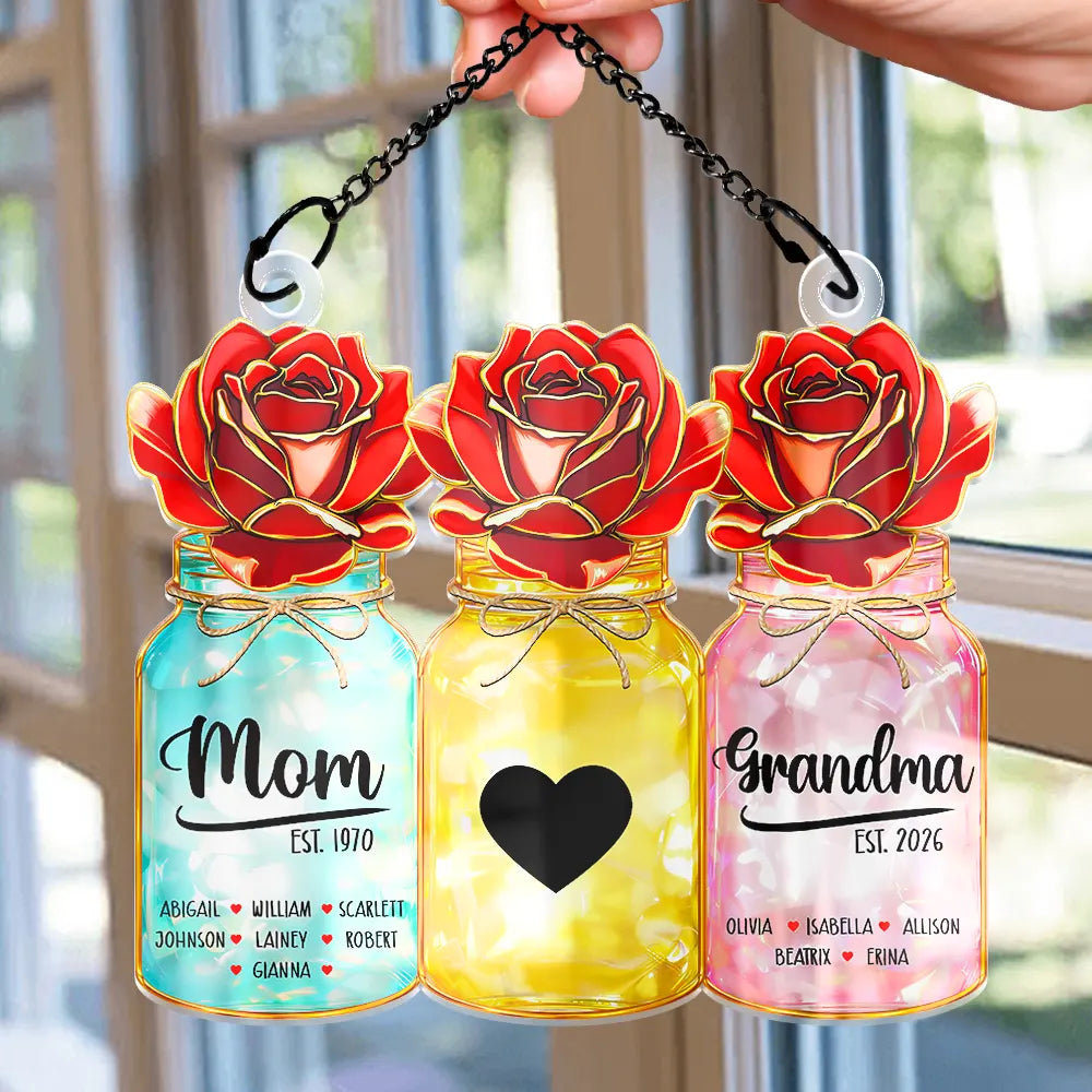 Gift For Grandma,Grandma - Grandkids,Happy,Icon - Flower Mason Jar Mom Grandma Stained Glass Effect - Personalized Window Hanging Suncatcher Ornament